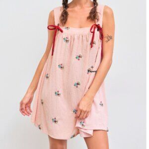 Cider Dress Womens M Pink Corduroy Square Neck Floral Embroidery Knotted Mini